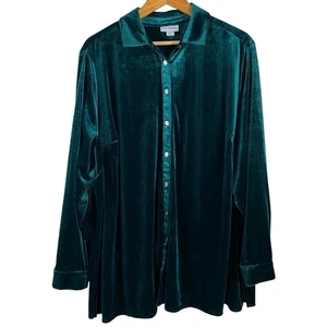 Catherines Womens Button-Front Tunic Size 2X Stretch Velvet Roll-Tab Sleeves - Picture 1 of 15