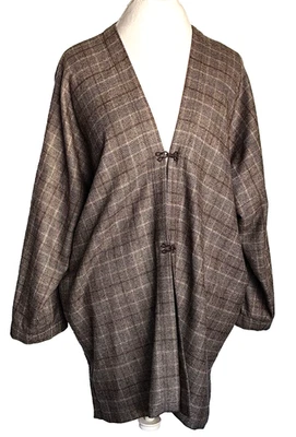 Women's ESKANDAR Cashmere Plaid V Neck Lagenlook Loose Kimono Sleeve Cardi 1 S/M - Image 1 of 4
