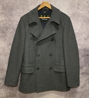 Barbour Mens Gray Wool Double Breasted Pea Coat Short Overcoat Size L UK 42 - Image 1 of 4