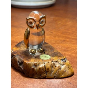 Vintage blown glass owl figurine in wooden base - Picture 1 of 5