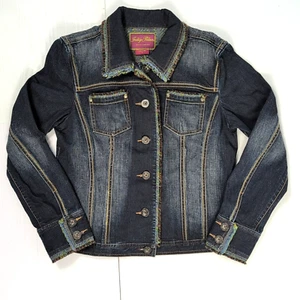Indigo Palms Damen Trucker Jeansjacke L Distressed Fransen Knopfleiste - Bild 1 von 16