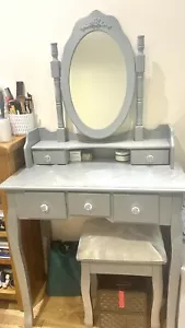 AVC 5 Drawer Grey Dressing Table Bedroom Vanity Unit, Oval Mirror & Stool Set - Picture 1 of 13