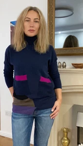 SLOW pure cashmere jumper womens S/M navy patchwork Upcycled 502 - Picture 1 of 9
