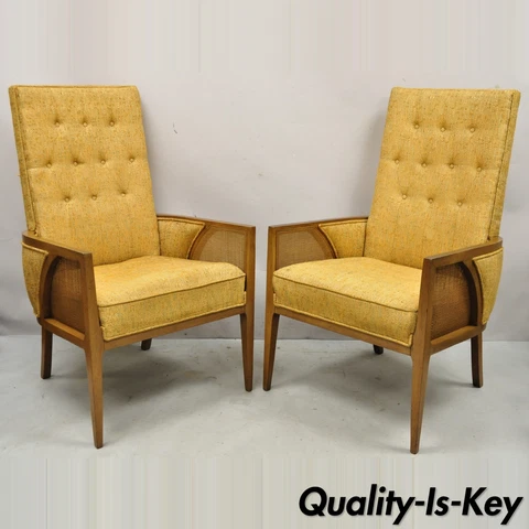 Mid Century Hollywood Regency Sculpted Wood Cane Panel Lounge Chairs - a Pair Cover