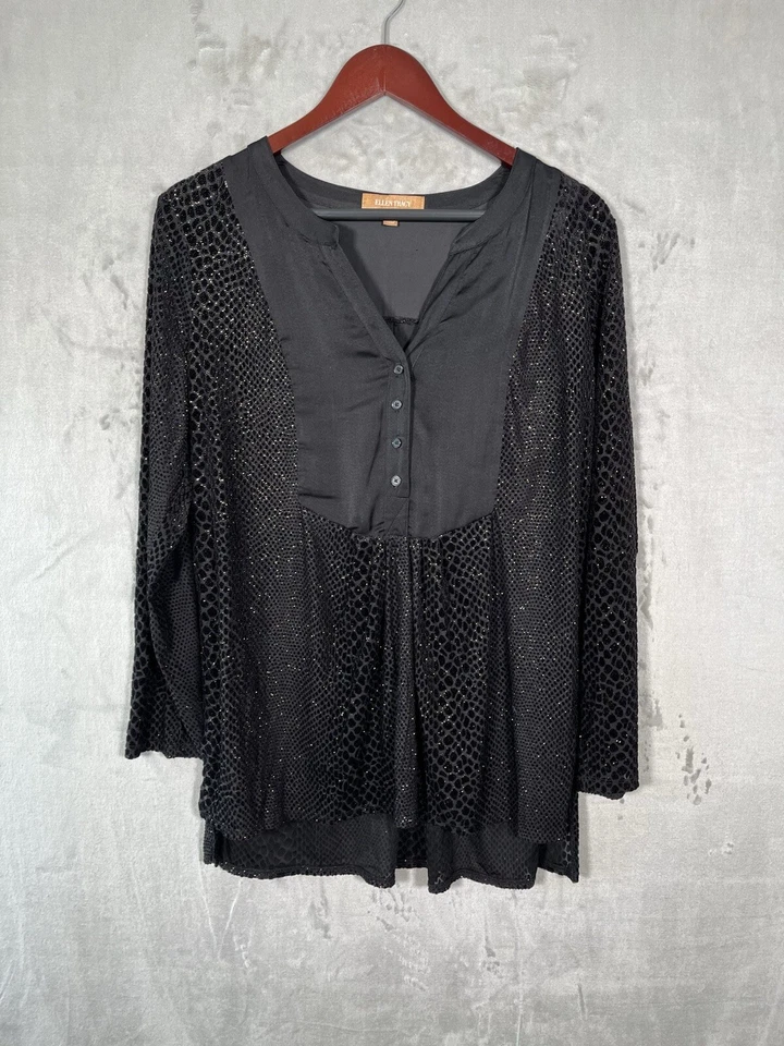 Túnica negra brillante manga larga ELLEN TRACY para mujer bruja caprichosa campesina L Foto 1 de 4