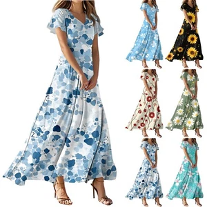 Women's Summer Casual Fashion Flower Prints Dresses V-Neck Short Sleeve Dresses - Picture 1 of 30