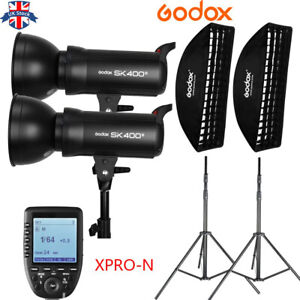 UK 2*Godox SK400II 400W 2.4G Flash+35*160 Grid softbox stand+Xpro-n for Nikon