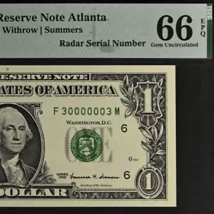 Top Pop 1999 $1 FRN PMG 66EPQ finest gem radar-rotator serial number 30000003 - Picture 1 of 4