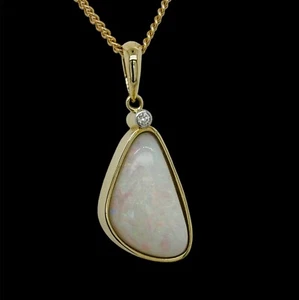 9ct Yellow Gold Solid White Freeform Opal and Diamond Bezel Set Pendant 3.9g - Picture 1 of 7