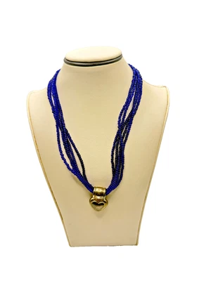 Винтажное ожерелье из нескольких нитей с синими бусинами и серебряным покрытием в виде сердца - Изображение 1 из 4