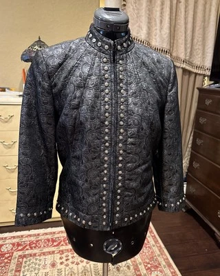 Revue MUJERES Cuero Cremallera Negro Plata Metálico Tachuela Adornada Chaqueta talla 6 Nehru Foto 1 de 4