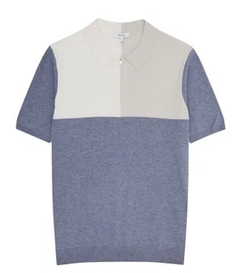 REISS Men's Blue & Cream Port Luxury 1/4 Zip Wool & Cotton Classic Polo- Large - Picture 1 of 11