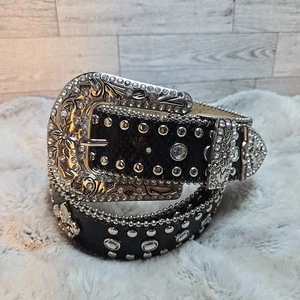 Cintura Blazin Roxx XL pelle nera strass western borchiata fibbia Bling 40 - Foto 1 di 4