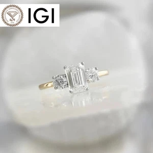 IGI Certified Lab Grown Diamond Wedding Ring Emerald Cut 1.20 CT 14K Yellow Gold - Picture 1 of 11