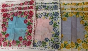 Lot 9 New Hankies Handkerchiefs Roses Floral Yellow Pink Blue All Cotton - Picture 1 of 5