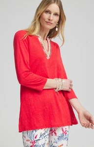 Top Pullover Chico's Rojo 100% Lino Manga Larga Cuello en V Abertura Lateral Talla 3 - Imagen 1 de 13