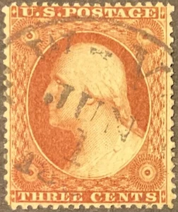 1857-61 3c Washington, Dull Red, Type III, Perf. 15.5, Scott #26, Used, VF - Picture 1 of 2