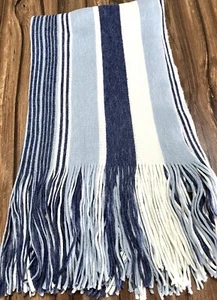 FREE PEOPLE Blue & White Striped Oversized Long Fringed Wrap Shawl Scarf - Picture 1 of 4