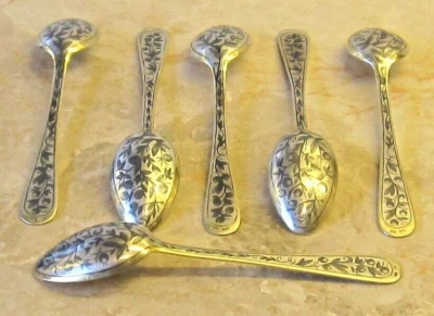 Старинный 19-й русский, 916/1000 серебро 6 * Niello десерт ложка * позолоченный * - Изображение 1 из 4