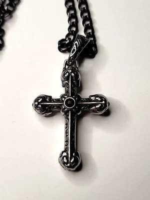 Collar de cadena negra de 22 pulgadas de ágata sintética cruz envejecida de acero inoxidable joyería Foto 1 de 4