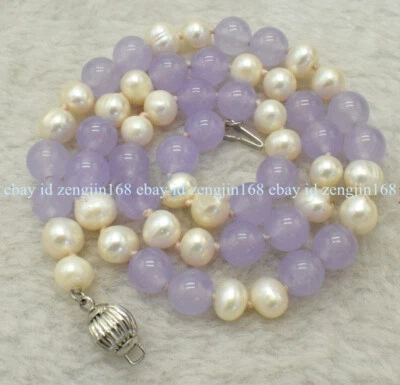 Encantador collar de gemas de alejandrita púrpura de 8 mm de perlas blancas de agua dulce de 7-8 mm 18" Foto 1 de 4