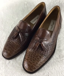 Mezlan Genuine Crocodile Shoes Mens 9M Carmel Brown Woven Leather Tassel Loafers - Picture 1 of 12