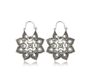 Silver Flower Boho Vintage Tibetan Ornate Hoop Dangle Earrings - Picture 1 of 31
