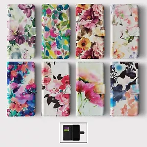 CASE FOR IPHONE 15 14 13 12 11 SE WALLET FLIP PHONE COVER WATERCOLOUR FLOWERS - Picture 1 of 10