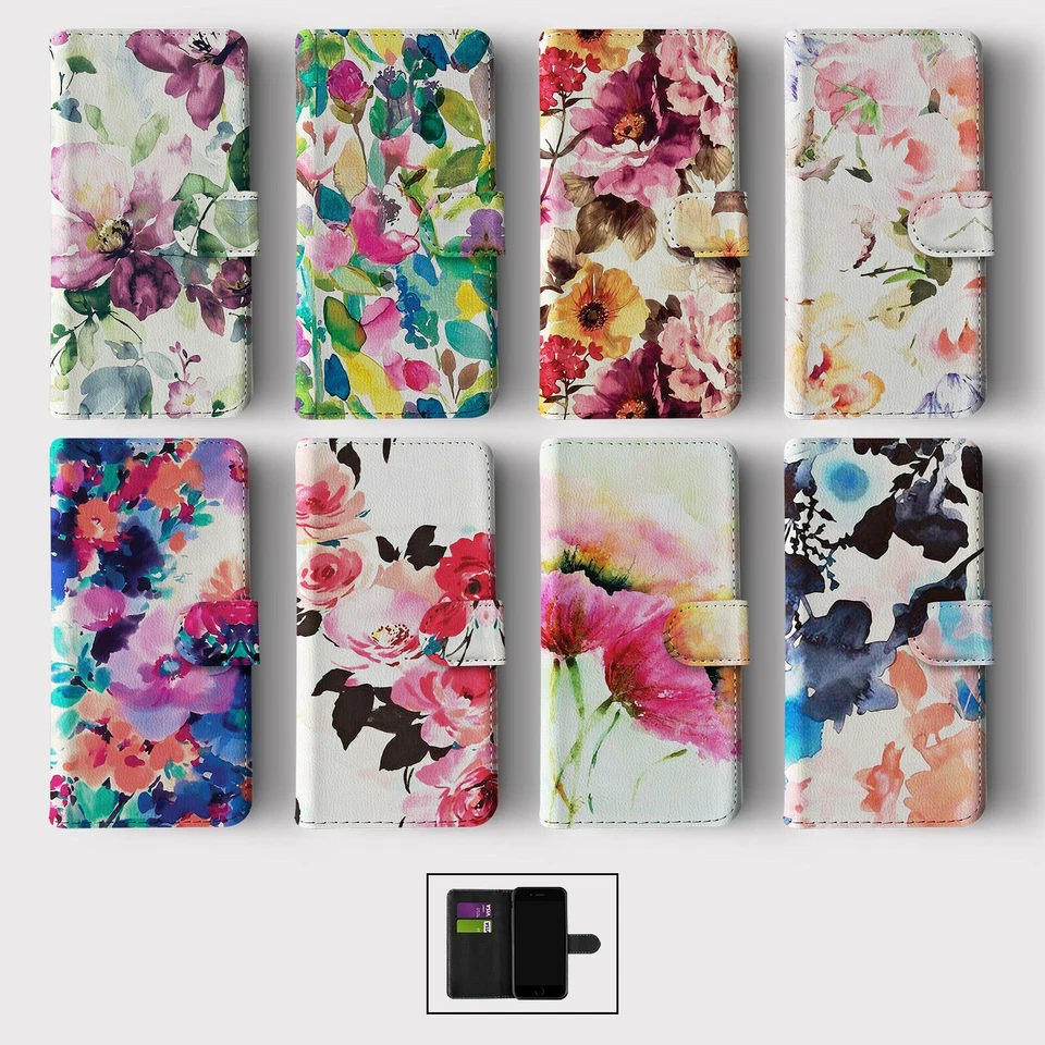 CASE FOR IPHONE 16 15 14 13 12 11 SE WALLET FLIP PHONE COVER WATERCOLOUR FLOWERS - Image 1 of 1