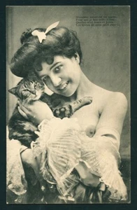 French 1910 Charming RISQUE Model Posed With Pussy Cat Chatte Minette Collotype - Picture 1 of 1