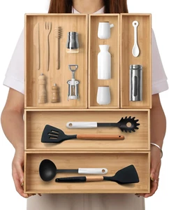 Stack Bamboo Drawer Organizer Set of 5, Kitchen Utensil, Flatware&Silverware, - Picture 1 of 12