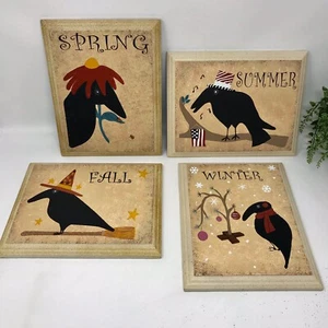 Hand Painted Four Seasons Grouping Old Crow Wooden Paintings Plaques - Picture 1 of 9