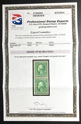 #441 MNH Coil Line Pair, PSE Graded 80, Cert # 01288066 - Image 1 of 2