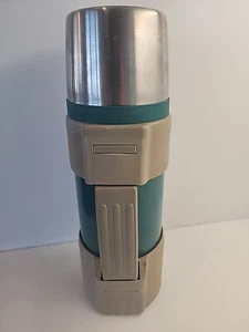 Vintage Thermos Insulated 1 Liter Green Tan Hot or Cold Stopper #650 Bottle Mug - Picture 1 of 9