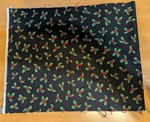 Holly Leaf/Berry on Black Cotton Fabric 14" L x 35" Wide - Picture 1 of 2