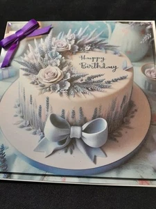 Biglietto di compleanno nuovo fatto a mano a tema floreale/torta misura 8" x 8" - Foto 1 di 5