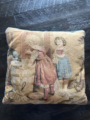 Vintage Tapestry Accent Pillow Victorian Woman Children 8”x8” - Image 1 of 2