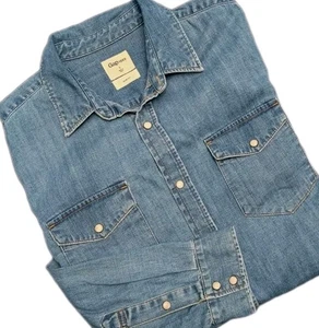 GAP Denim Shirt Blue Pearl Snap Long Sleeve Western Cowboy Slim Fit Men's Large - Picture 1 of 10