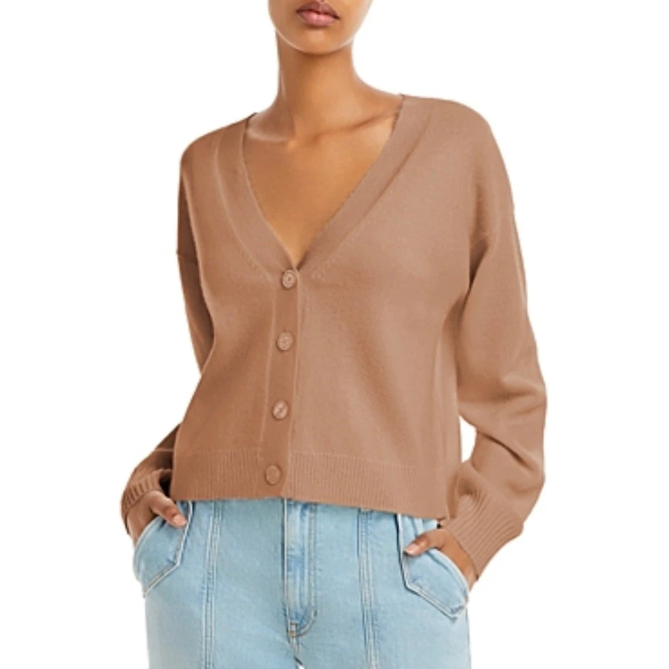 Cárdigan suéter Aqua Cashmere cuello en V cachemir tostado trigo pequeño suave acogedor Foto 1 de 4