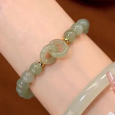 Pulsera con cuentas de jade piedra natural corazón encanto hilo tema amor niñas joyería Foto 1 de 4