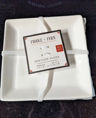 Juego de 4 platos de aperitivo de porcelana para violín y helecho blanco sólido 5" x 5" ~NUEVO~ Foto 1 de 3