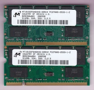 1GB 2x512MB PC-2700S MICRON MT16VDDF6464HG-335C2 DDR-333 LAPTOP DDR1 Memory Kit - Picture 1 of 2
