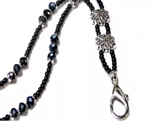 Beaded Necklace Lanyard, keys, work id badge holder Classic black crystal pearls - Picture 1 of 3