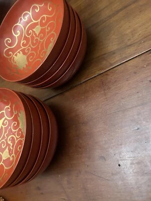 Japanese Red Lacquer Wooden Bowls 4.45inch Set of 10 Gold Eboshi - Image 1 of 4
