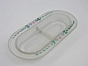 Vtg L E Smith Tiny Hobnail Clear Glass Oblong Divided Dish Hand Painted Flowers - Picture 1 of 6