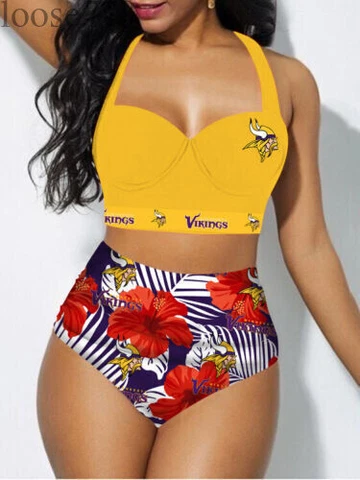 Minnesota Vikings Women's 2PCS Bikini Set Push Up Swimsuit Beach Halter Swimwear Cover