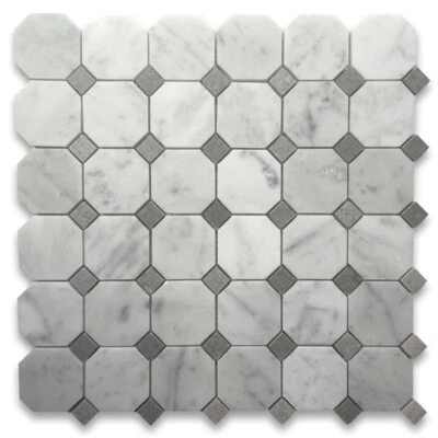 C803XH Octagon Mosaic Carrara Marble White Bianco Tile Gray Dots Honed 2" - Image 1 of 4