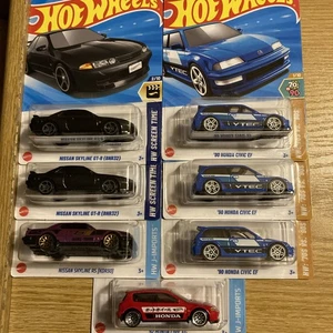 HOT WHEELS 2024 92 EG 2025 #28 BLUE 90 HONDA CIVIC EF & SKYLINE BNR32 KDR30 7Pcs - Picture 1 of 16