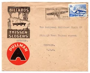 BELGIUM TO US 1939 ANTWERP ADVERTISING BILLIARD TABLES COVER TO CHICAGO ILLINOIS - Picture 1 of 2