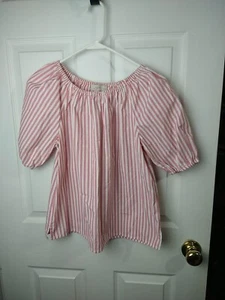 Loft Pink woman SP blouse White Striped Casual Peasant Side Slit - Picture 1 of 9